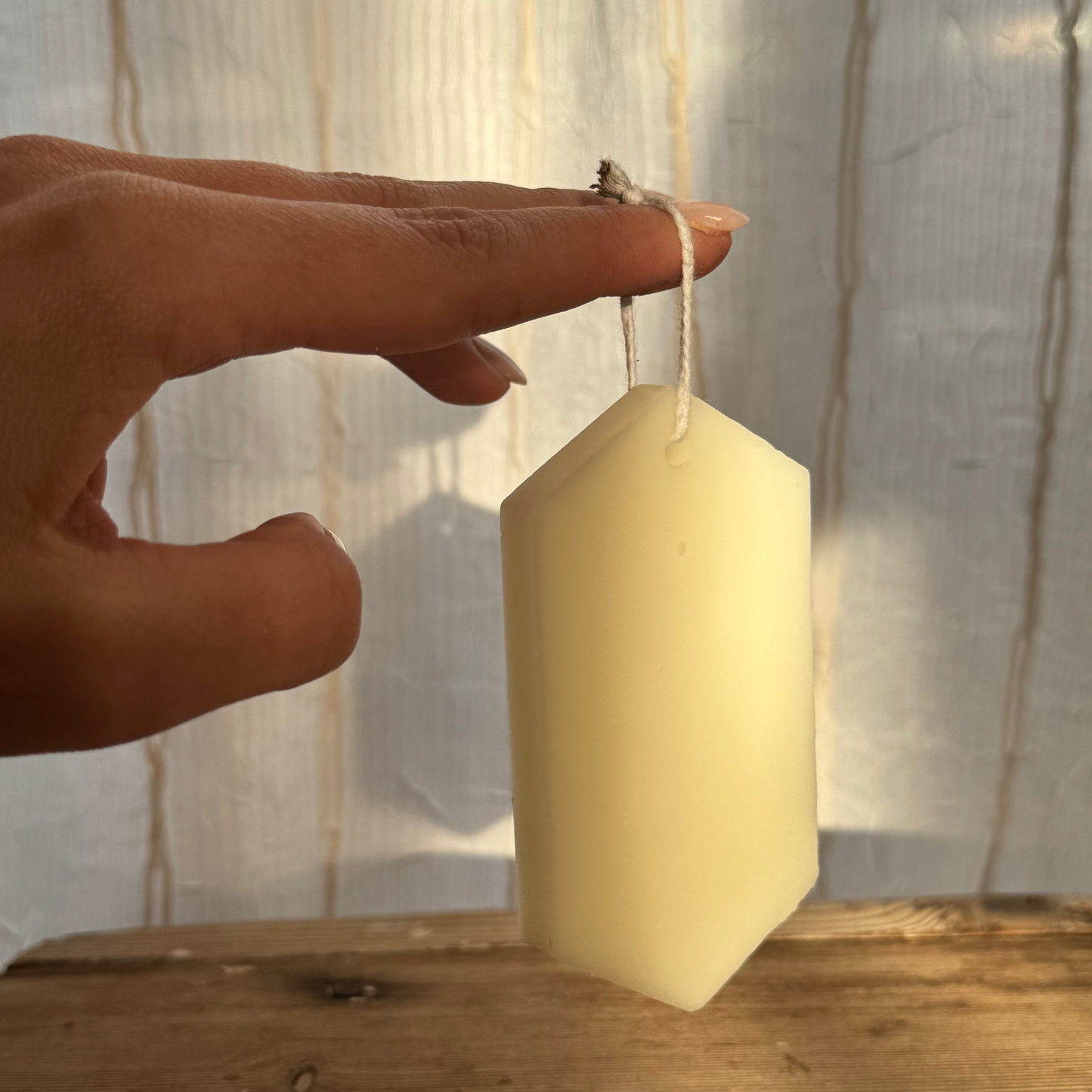 Hand holding a hanging hexagonal wax closet tab against a neutral background